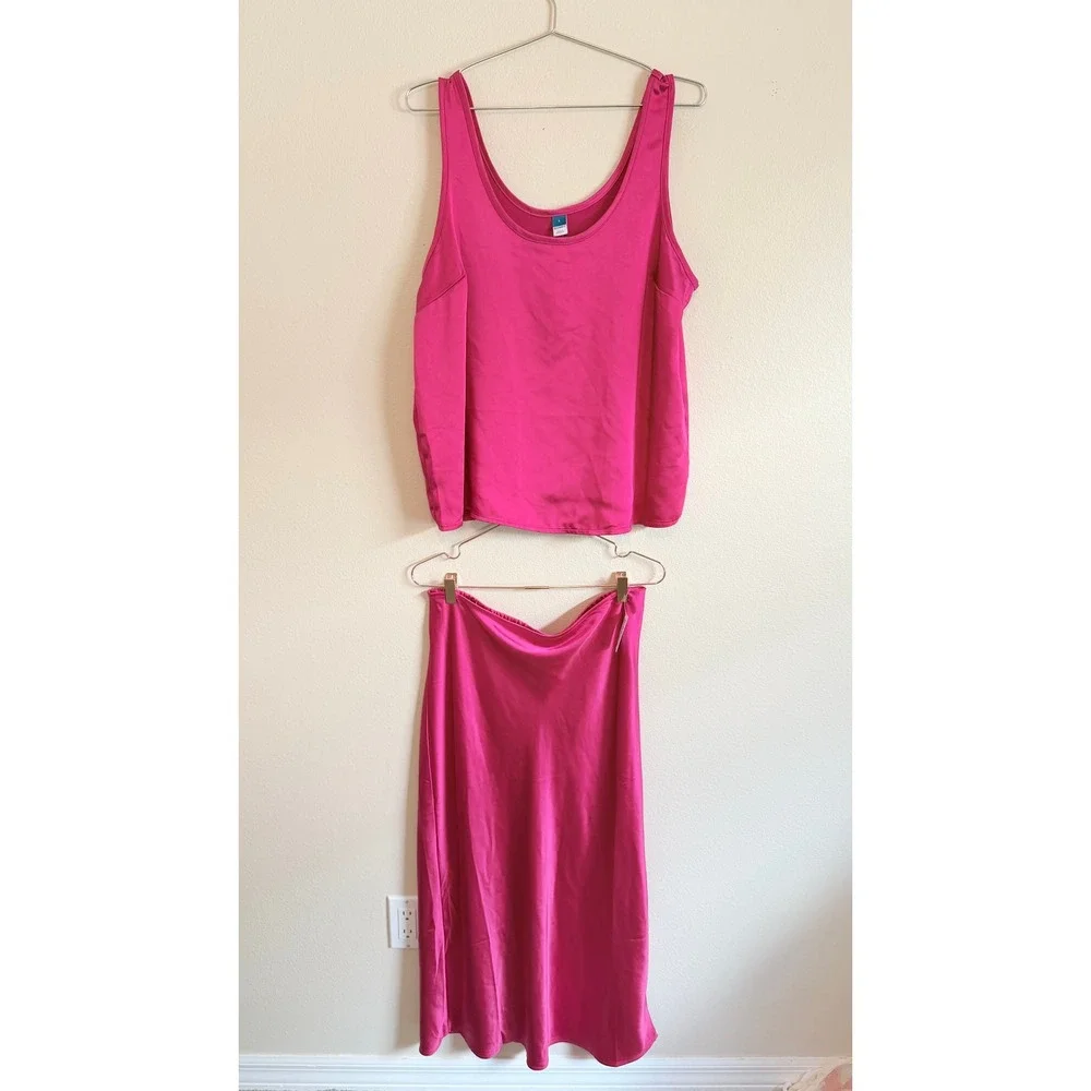 Old Navy 2-Piece Set Women Large Pink Satin Tank & Maxi Skirt Matching Set NEW